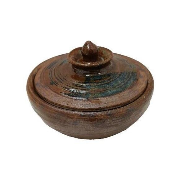 Tureen Glazed Pottery Bowl 7.5" w Tulip Lid Brown Art Deco Container Rustic Boho - Picture 1 of 16